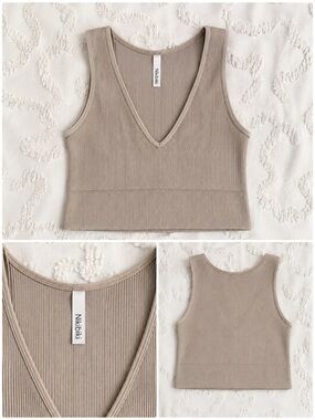 Nikibiki Taupe Ribbed V-Neck Crop Tank Top
